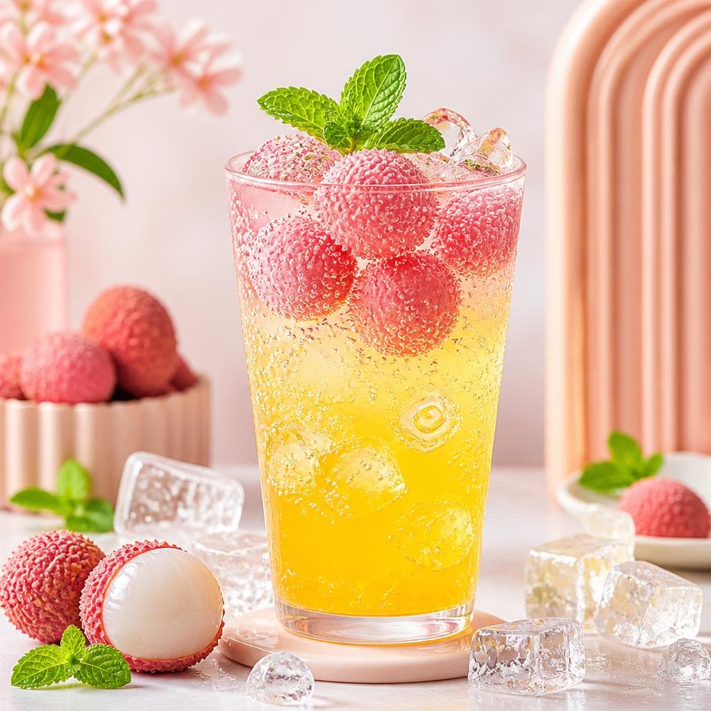 Lychee Squash Float dengan rasa leci segar dan topping es krim
